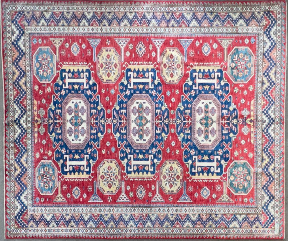 06491 Super Kazak Afghan Red Blue Natural 7-10×9-9 | Manoukian Rugs™ ws