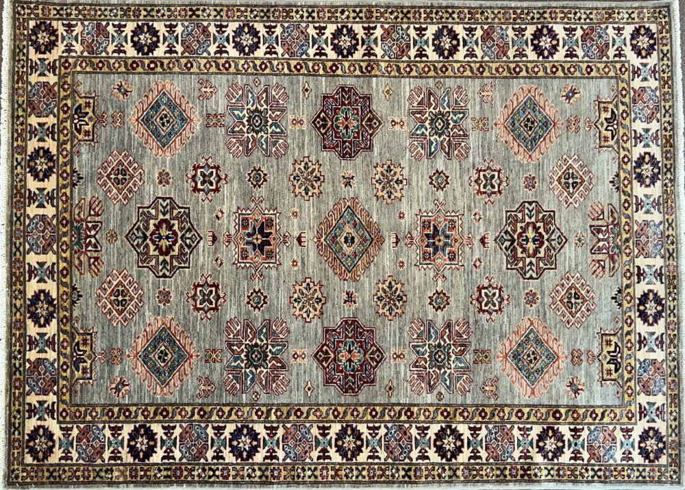 SS051722T264 Super Kazak Afghan Gray Beige Red 5x6-7 | Manoukian Rugs™